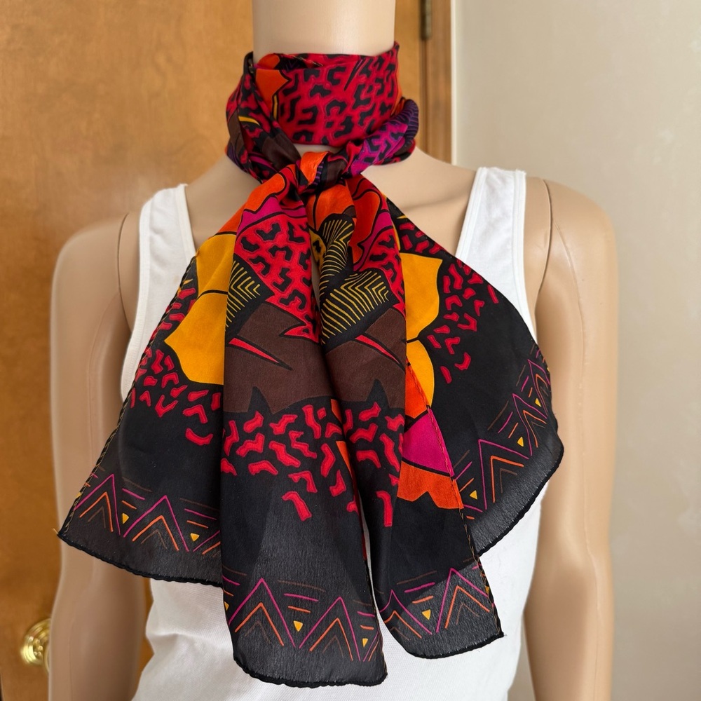 Vintage Tomato Red Black Bright Yellow Silk Oblong Scarf Hawaiian Floral Print - Picture 5 of 9